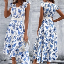 Fashion Floral Printed V-neck Ruffled Sleeve Lace Spliced Dress