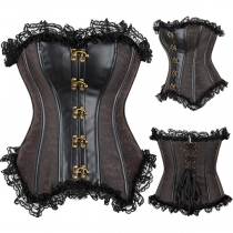 Sexy Jacquard Ruffled Lace Spliced Front Buckle Back Lace-up Strapless Corset