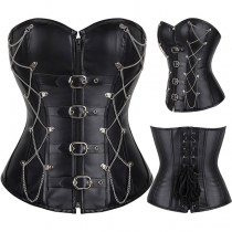 Punk Style Criss-cross Chain Buckle Back Lace-up Strapless Artificial Leather PU Corset