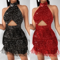 Sexy Bling-bling Sequin Halter Neck Sleeveless Front Cutout Backless Tassel Party Dress