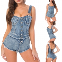Sexy Front Button Frayed Hemline Back Lace-up Old-washed Denim Romper