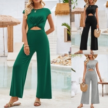 Fashion Round Neck Sleeveless Front Cut Out Backless Straight-cut Jumpsuit