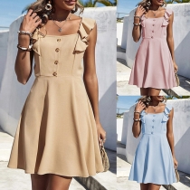 Fashion Square Neck Button Ruffled Sleeveless Mini Dress