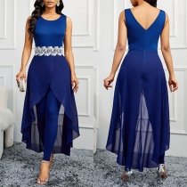 Fashion Round Neck Sleeveless Lace Spliced Mock-two-piece Jumpsuit