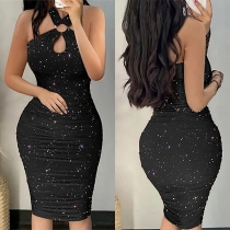 Sexy Bling-bling O-ring Front Cutout Halterneck Sleeveless Backless Ruched Bodycon Party Dress