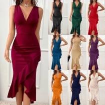 Elegant Solid Color V-neck Sleeveless Ruffled Irregular Hemline Bodycon Dress