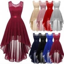 Fashion Solid Color Lace Spliced Cinch Waist High-low Hemline Dress