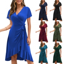 Fashion Solid Color V-neck Short Sleeve Wrap Dress