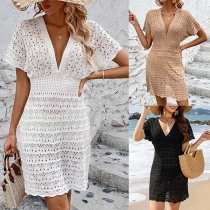 Sexy Hollow Out V-neck Short Sleeve Swimming Cover-up Dress
