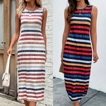 Fashion Contrast Color Stripe Printed Round Neck Sleeveless Mini Dress