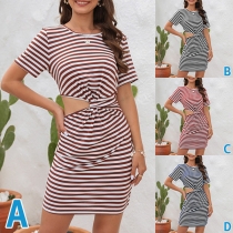 Street Fashion Stripe Printed Round Neck Short Sleeve Side Cutout Dress