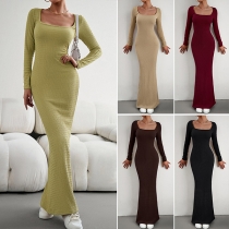 Sexy Solid Color Square Neck Long Sleeve Bodycon Maxi Dress