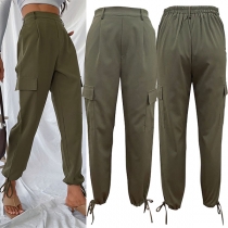 Casual Side Patch Pockets Elastic Waist Cargo Pants for Women