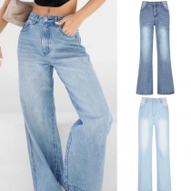Street Fashion Mid-rise Wide-leg Old-washed Denim Jeans