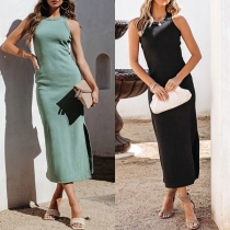 Fashion Solid Color Round Neck Sleeveless Side Slit Bodycon Ribbed Dress