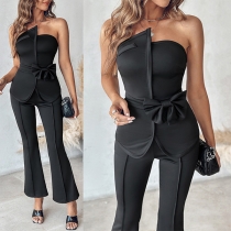 Sexy Two-piece Set Consist of Strapless Bowknot Shirt and Wide-leg Pants
