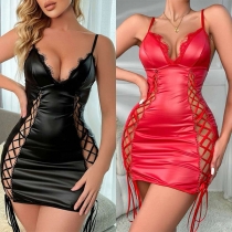 Sexy Lace Spliced V-neck Side Lace-up Hollow Out Bodycon Artificial Leather PU Nightwear Dress