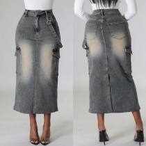 Street Fashion Side-patch Pockets Back Slit Old-washed Denim Skirts