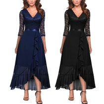 Elegant V-neck Elbow Sleeve Lace Spliced Chiffon Dress