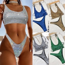 Sexy Bling-bling Sequined Cutout Halterneck Two-piece Bikini Set