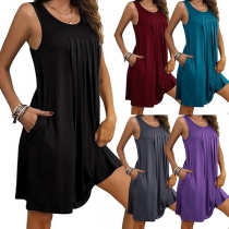 Casual Round Neck Sleeveless Ruched Side Pockets Mini Dress