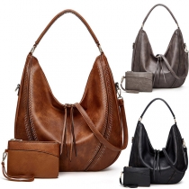 Vintage Artificial Leather Oversized Tote Bag with Removable Pouch