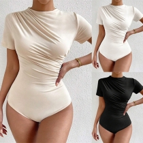 Sexy Solid Color Ruched Short Sleeve Bodysuit