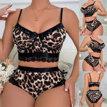 Sexy Leopard Printed Lace Spliced Two-piece Lingerie Set