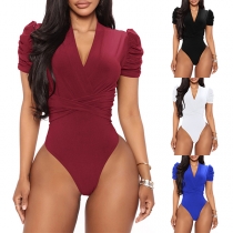 Sexy Solid Color V-neck Puff Short Sleeve Ruched Cinched Waist Bodysuit