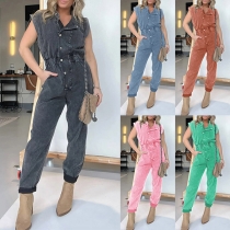 Street Fashion Button V-neck Short Sleeve Loose Old-washed Denim Jumpsuit for Women