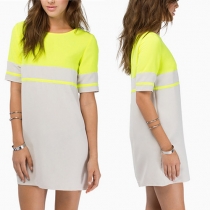 Fashion Contrast Color Short Sleeve Round Neck Loose Dress
