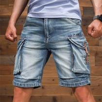 Street Fashion Large Side Patch Pockets Old-washed Denim Shorts for Men