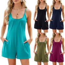 Casual Solid Color Square Neck Ruched Side Pockets Romper