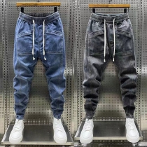 Street Fashion Drawstring Elastic Waist Patch Pockets Old-washed Denim Pants for Men