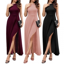 Fashion Solid Color Round Neck Sleeveless Slit Maxi Dress