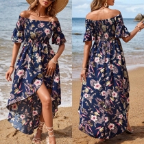 Fashion Floral Printed Off-the-shoulder Short Sleeve Irregular Hemline Summer Dress