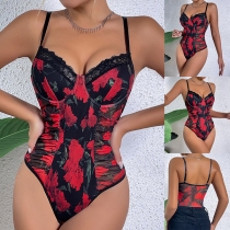 Sexy Contrast Color Floral Printed Lace Spliced Bodysuit