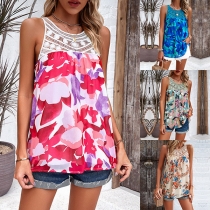 Fashion Floral Printed Lace Spliced Round Neck Sleeveless Shirt
