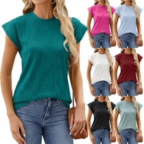 Fashion Solid Color Round Neck Cap Sleeve Shirt