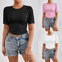 Casual Solid Color Round Neck SHort Sleeve Side Drawstring Shirt