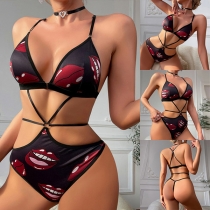 Sexy Lip Printed Cut Out Lingerie Bodysuit