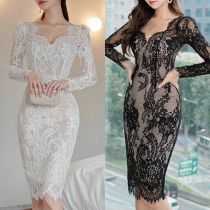 Elegant V-neck Long Sleeve Lace Dress