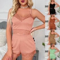 Sexy Solid Color Lace Spliced Two-piece Loungewear Pajamas Set