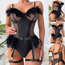 Sexy Mesh-net Lace Feather Spliced Backless Lingerie Bodysuit