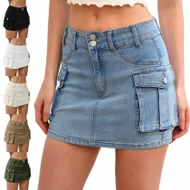 Street Fashion Side Patch Pockets Mid-rise Denim Mini Skirt(Size Run Small）