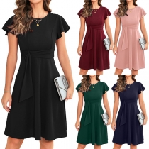 Fashion Solid Color Round Neck Ruffled Cap Sleeve Self-tie Dress