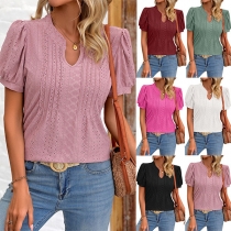 Fashion Solid Color Hollow Out V-neck Short Sleeve Shirt