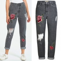 Fashion BF Style Rose Embroidery Distreeted Old-washed Denim Jeans