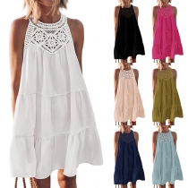 Casual Lace Spliced Round Neck Sleeveless Tiered Dress