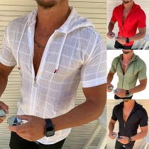 Fashion Front Zipper Hooded Short Sleeve Blouse for Men